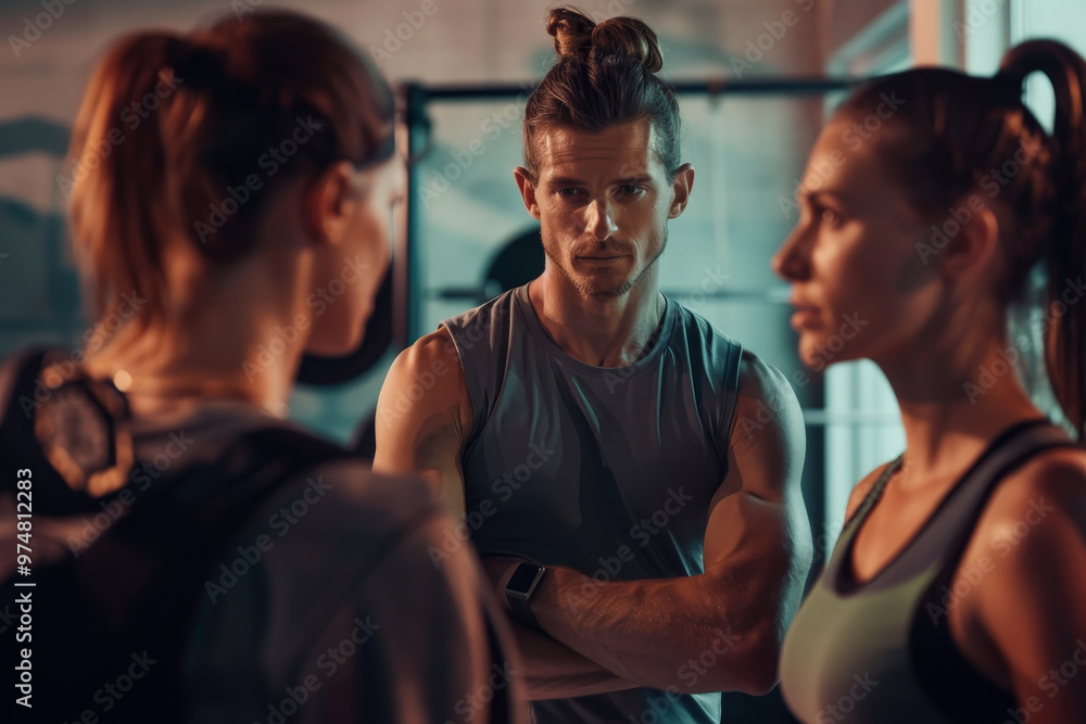 A man with a ponytail stands between two women A man with a ponytail stands between two women