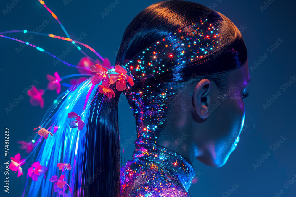 A woman with a long ponytail is wearing a dress with a lot of glitter and lights A woman with a long ponytail is wearing a dress with a lot of glitter and lights