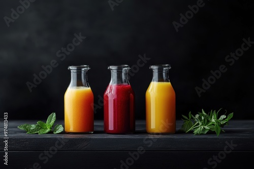 Three glass bottles filled with colorful juices, surrounded by fresh mint leaves.