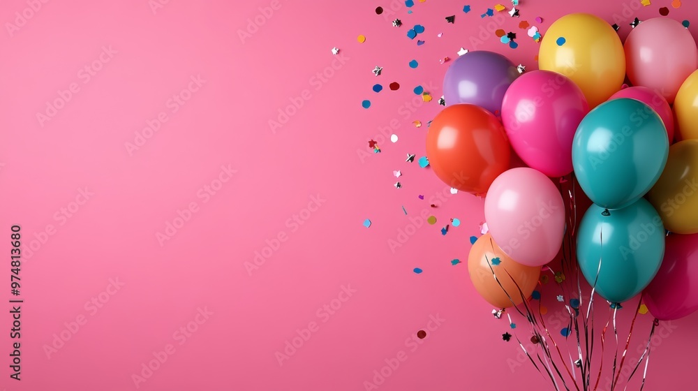 Colorful Balloons with Confetti on Pink Background Colorful Balloons with Confetti on Pink Background