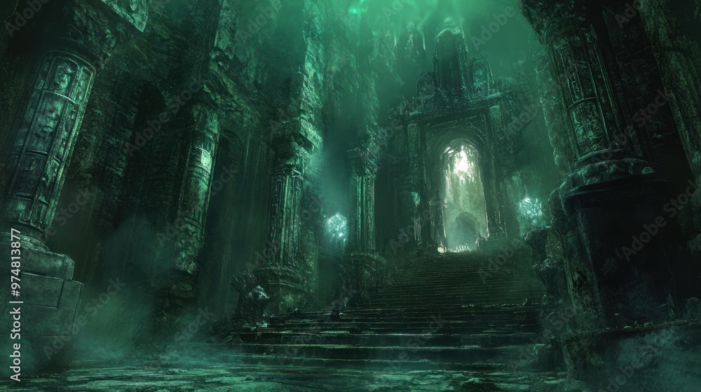 Mysterious Green Stone Temple with a Stairway Leading to a Light Source Mysterious Green Stone Temple with a Stairway Leading to a Light Source