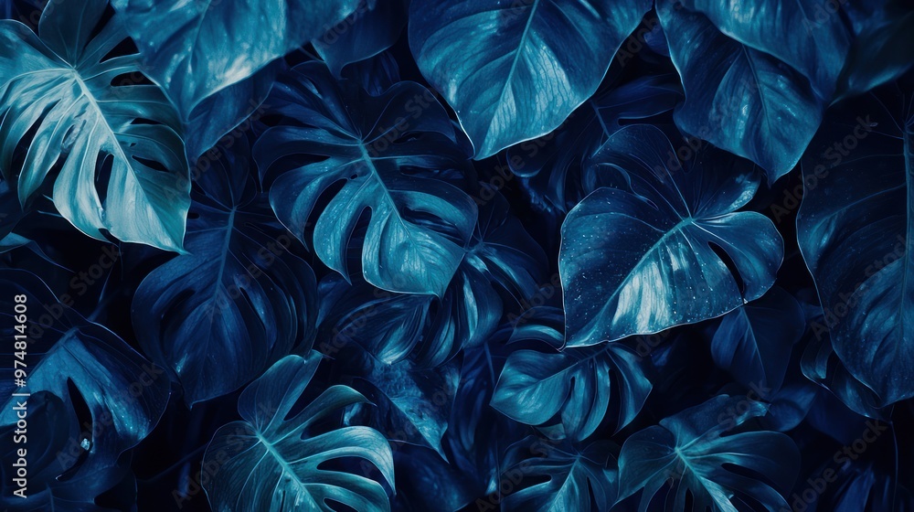 Blue-tinted tropical leaves floating in space, creating a surreal background Blue-tinted tropical leaves floating in space, creating a surreal background