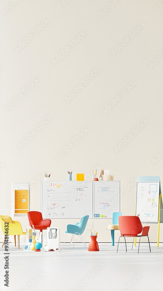 Obraz premium A contemporary office environment displaying a collaborative workspace with whiteboards and colorful furniture, highlighted by a light solid color background