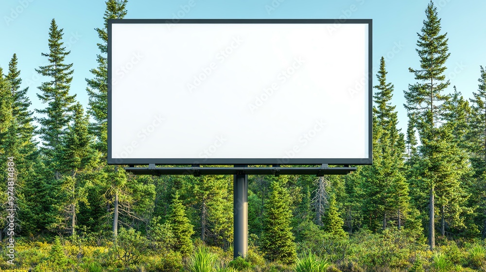 Fototapeta premium A blank billboard in a forest setting, surrounded by lush greenery. Ideal for advertising concepts or empty space.