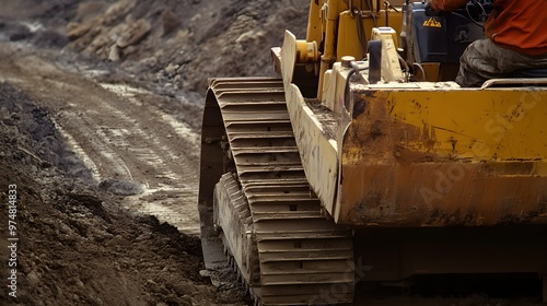 A close-up of a construction worker operating a heavy-duty bulldozer, focused on the task at hand photo