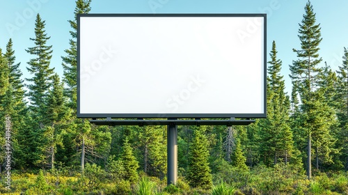 Fototapeta Naklejka Na Ścianę i Meble -  A blank billboard in a forest setting, surrounded by lush greenery. Ideal for advertising concepts or empty space.