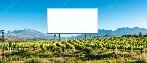 A blank billboard stands in a lush vineyard, surrounded by mountains, offering a serene space for advertising and creativity. photo