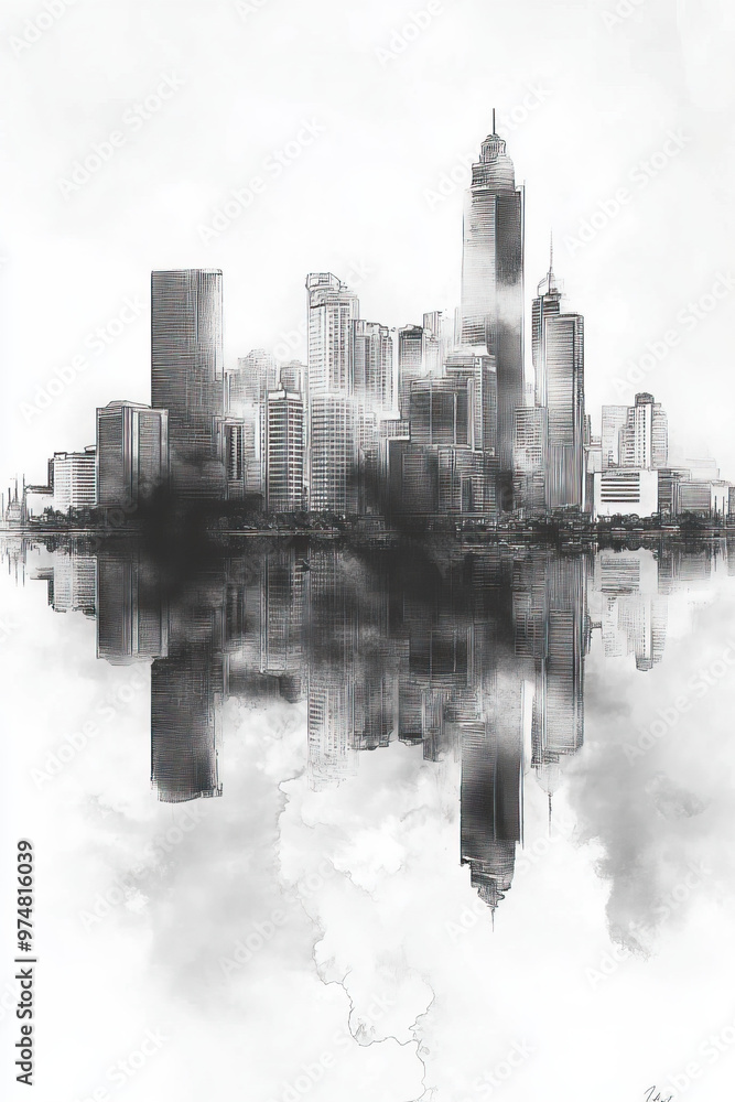 Fototapeta premium Port of Spain, Trinidad, black and white pen pencil hand-drawn effect portrait drawing illustration for travel poster, card, wallpaper, backdrop or banner. Modern, clear, artistic and simple