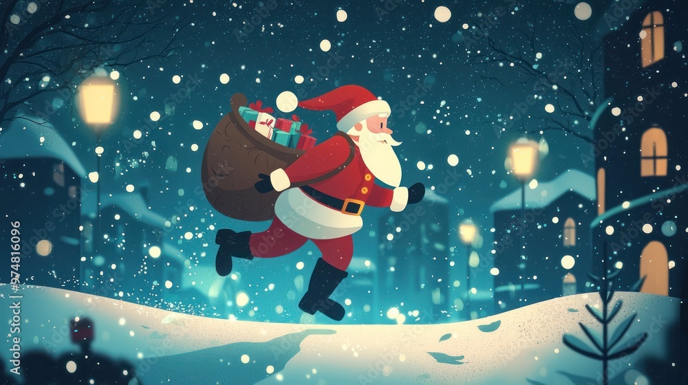 Santa running through a snowy night with a sack of presents, Merry Christmas in elegant lettering Santa running through a snowy night with a sack of presents, Merry Christmas in elegant lettering