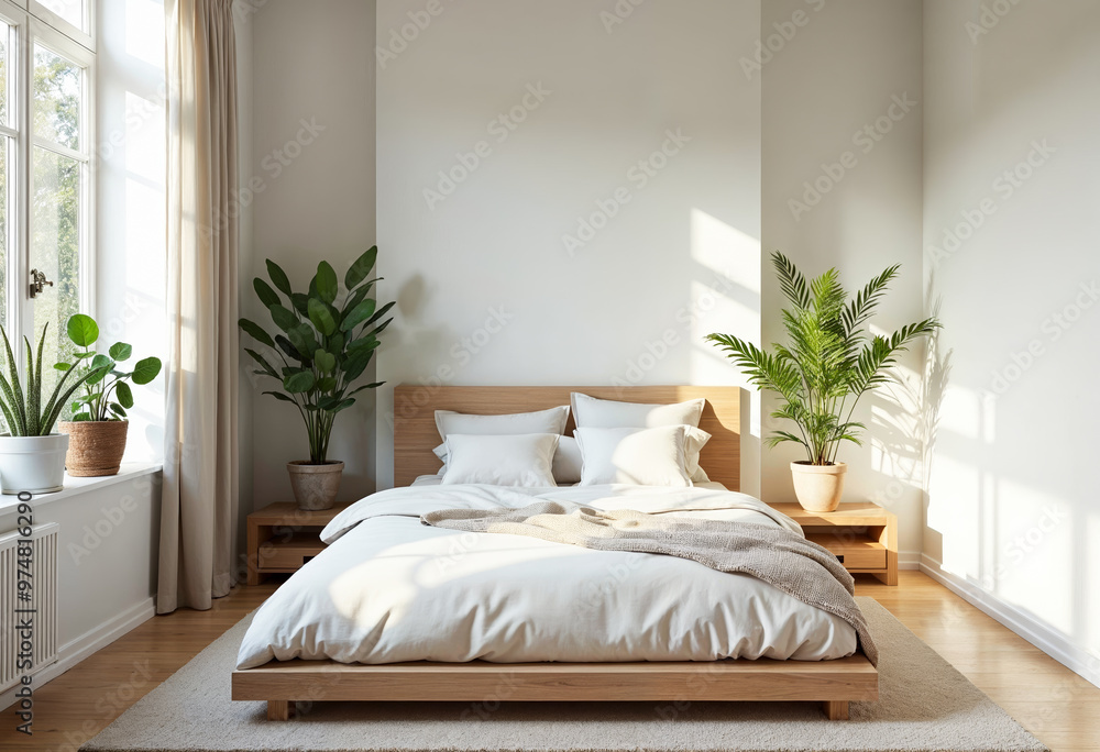 Minimalist bedroom interior design with wooden bed frame and ...