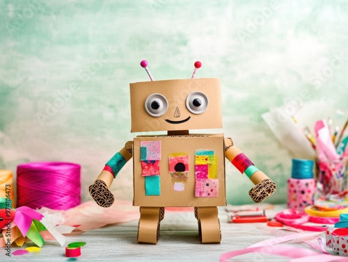 Colorful craft robot with creative patterns, surrounded by art supplies on a wooden table, perfect for DIY enthusiasts.