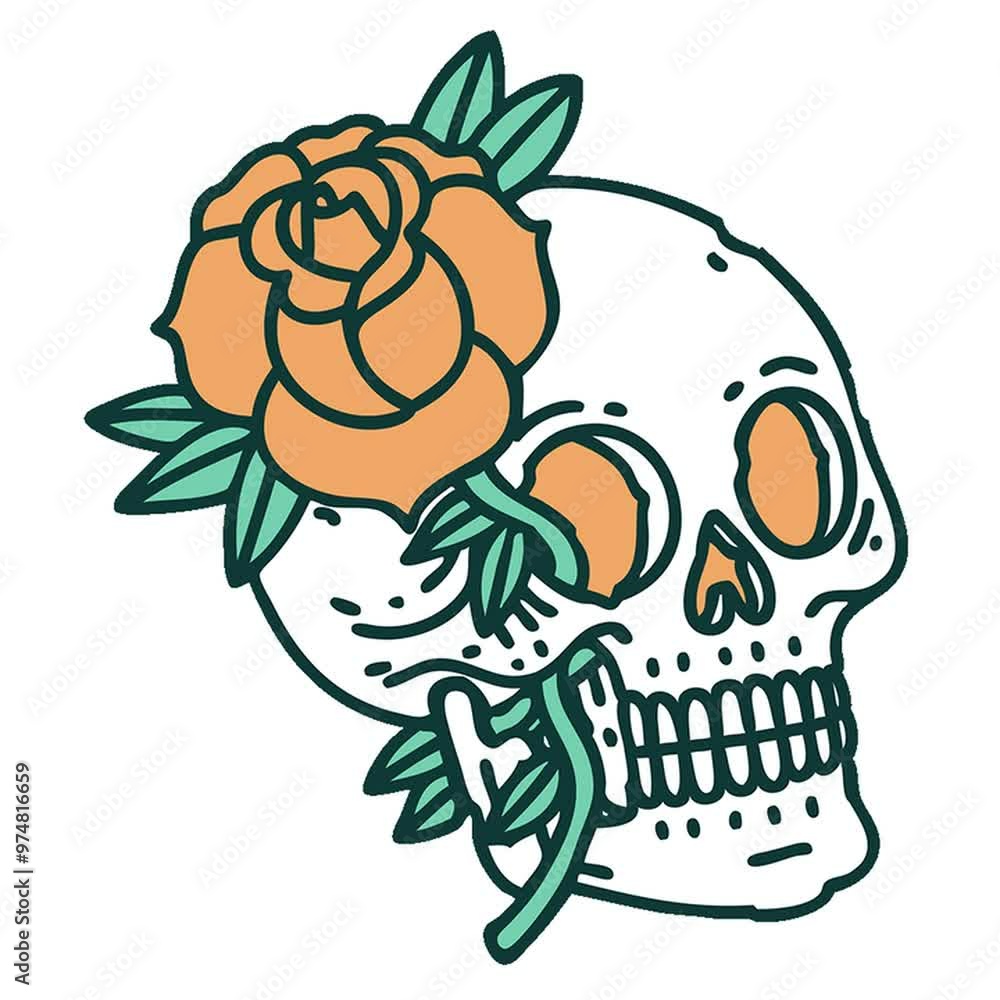 iconic tattoo style image of a skull and rose iconic tattoo style image of a skull and rose