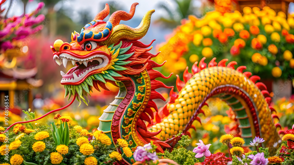 Fototapeta premium Playful dragon statue in a field of blooming flowers, celebrating Chinese New Year. Vibrant dragon sculpture against a backdrop of traditional Chinese architecture.