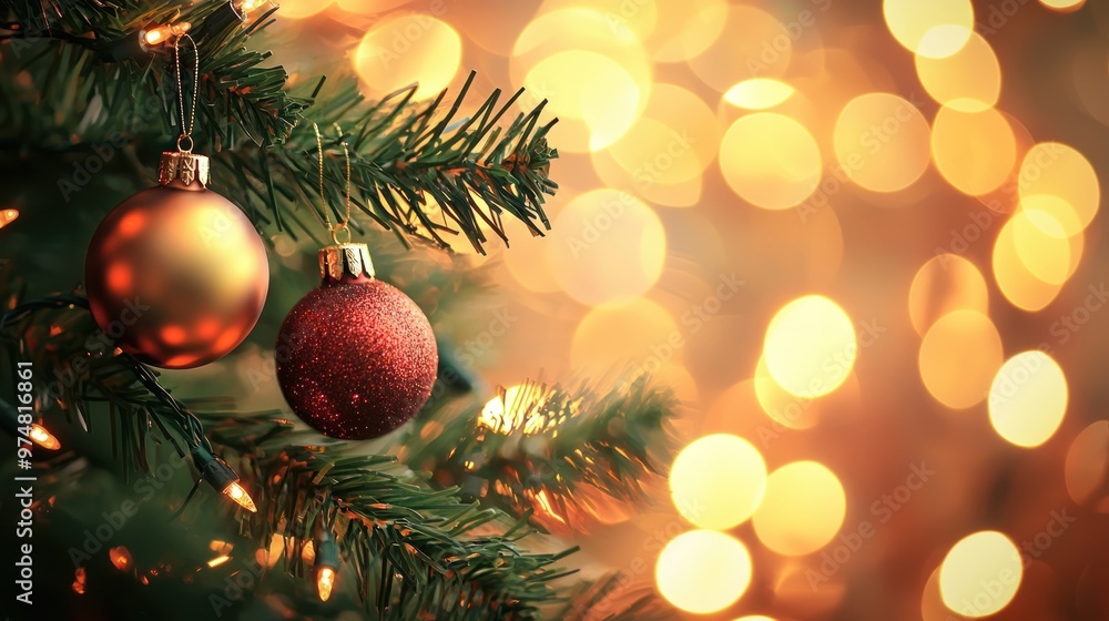 Baubles on a Christmas tree with blurred shiny lights in the background Baubles on a Christmas tree with blurred shiny lights in the background