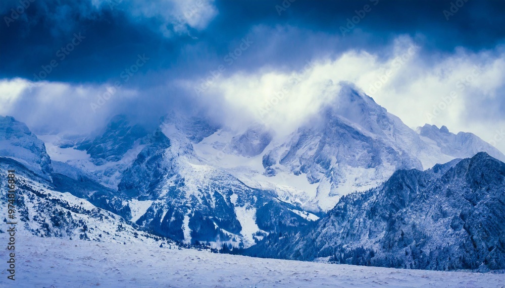 Dramatic snow-capped peaks with storm clouds gathering above, creating a powerful winter scene Dramatic snow-capped peaks with storm clouds gathering above, creating a powerful winter scene