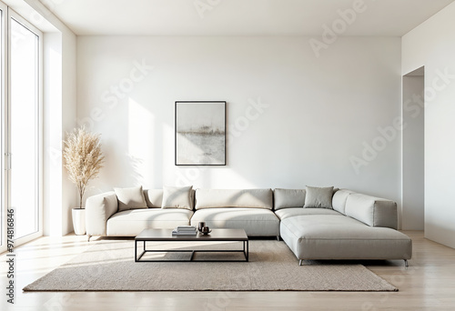 Modern minimalist living room interior with white walls beige sofa coffee table and window with city view