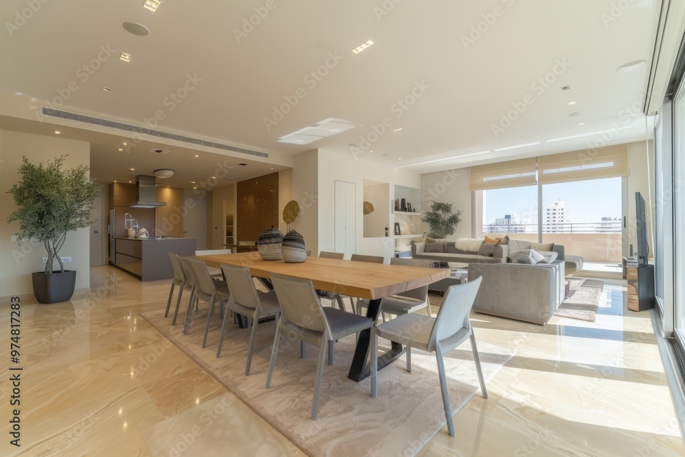 Fototapeta premium A large, open room with a wooden floor and a large table in the center,generative ai image