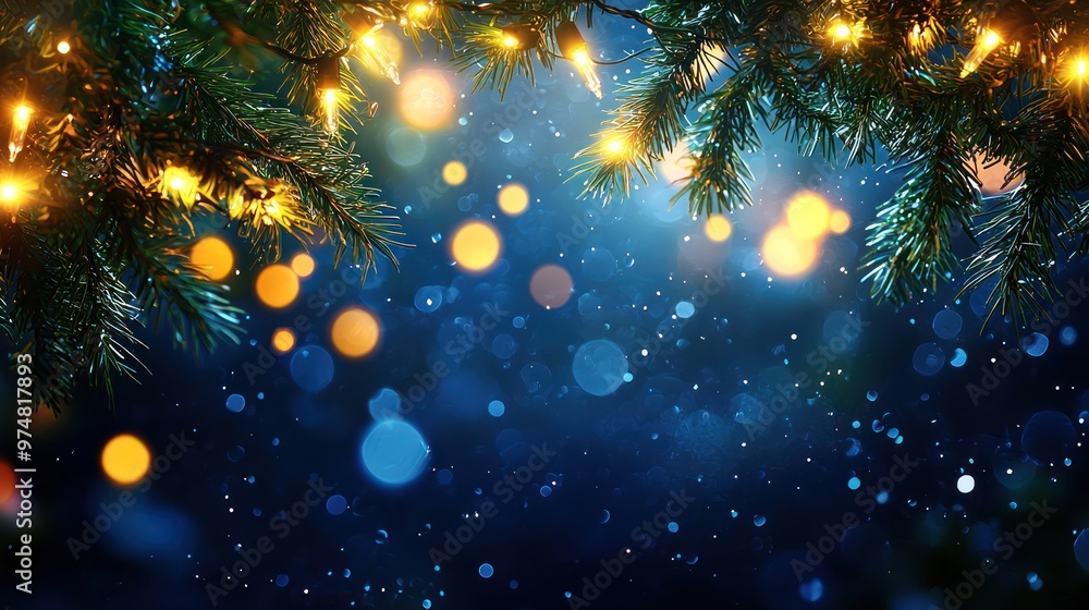 Christmas garland with glowing bokeh lights on a dark blue background Christmas garland with glowing bokeh lights on a dark blue background