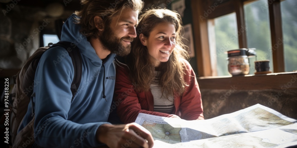 Obraz premium Couple on balcony of a mountain hut, smiling. Generative AI.