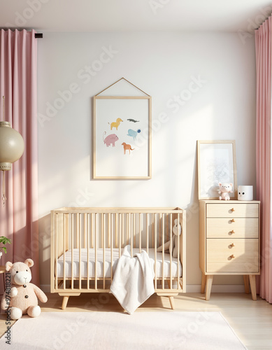 Modern minimalist baby nursery interior design with crib dresser and animal illustrations on white wall background