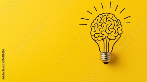 Creative concept of a light bulb with a brain, symbolizing ideas and innovation on a bright yellow background.