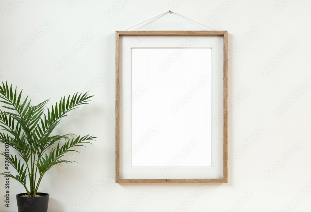 Blank picture frame mockup on white wall wooden frame hanging on wall with plant home decor interior design elements for artwork prints posters minimal modern style Blank picture frame mockup on white wall wooden frame hanging on wall with plant home decor interior design elements for artwork prints posters minimal modern style