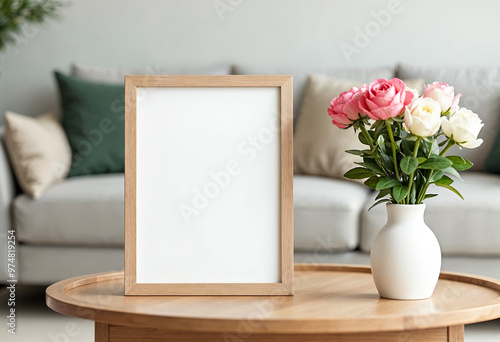Blank Picture Frame Mockup On Wooden Table With Flowers In Vase Sofa Background Living Room Interior
