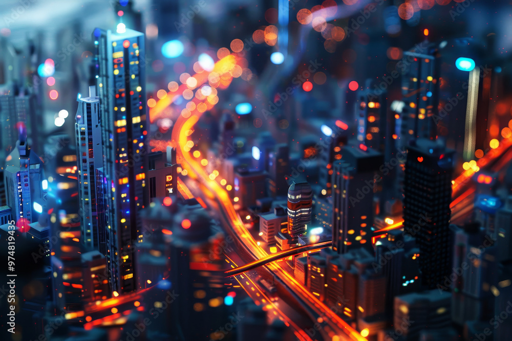 Obraz premium A cityscape with a busy street with a lot of lights and buildings