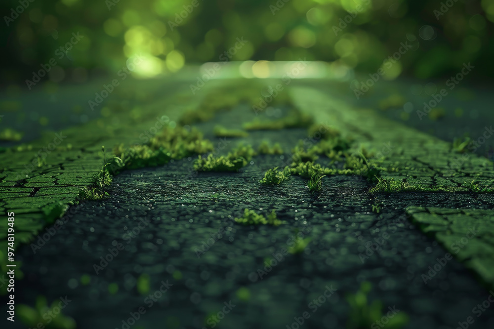 A close up of a road with grass growing on it A close up of a road with grass growing on it