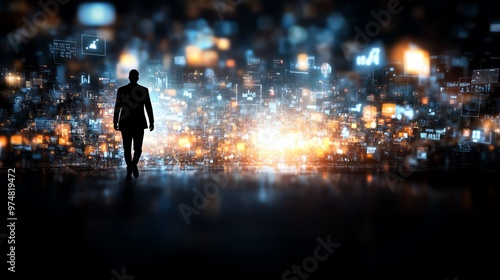 Silhouette of a businessman walking towards a luminous cityscape, symbolizing ambition, progress, and technology.