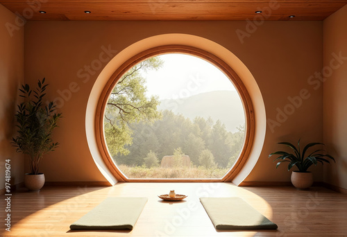 Empty yoga studio interior design in minimal style with round window wooden floor and forest view morning light meditation space zen background