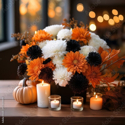 autumn still life poster banner wallpaper composition of flowers candles and small pumpinks.  photo