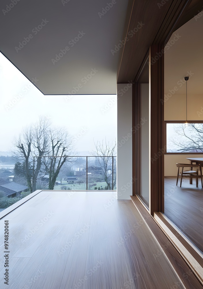 Fototapeta premium Modern Balcony With Wooden Floor and Sliding Door