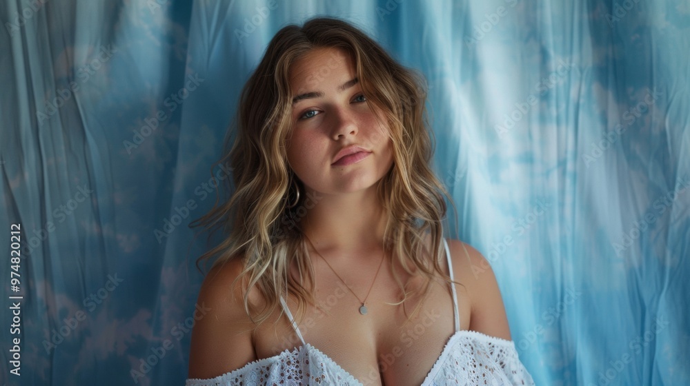 Naklejka premium portrait of beautiful woman with blue curtain type background