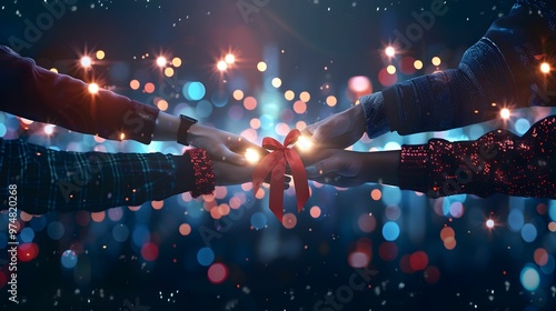 WorldAIDSDay Two pairs of hands hold a gift wrapped with a red ribbon, with colorful festive lights in the background, symbolizing celebration and giving. photo