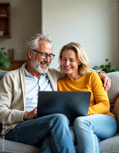 Happy senior couple using laptop at home living room mature man and woman enjoying online shopping or video call on computer laughing and relaxing on sofa together older adults technology concept