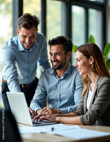 Three Business Professionals Collaborating On Laptop In Modern Office Teamwork And Project Management Concept