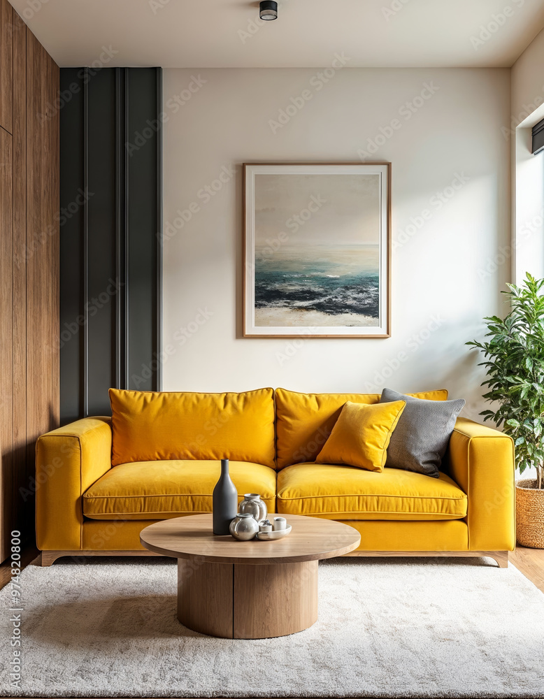 Modern minimalist living room interior design with yellow sofa plant coffee table and abstract painting on the wall home decor ideas Modern minimalist living room interior design with yellow sofa plant coffee table and abstract painting on the wall home decor ideas