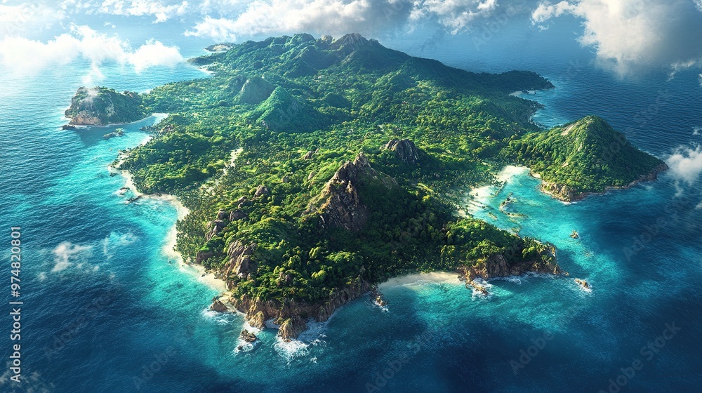 Bird's eye view of a tropical island, dense jungle surrounded by blue ocean waters Bird's eye view of a tropical island, dense jungle surrounded by blue ocean waters
