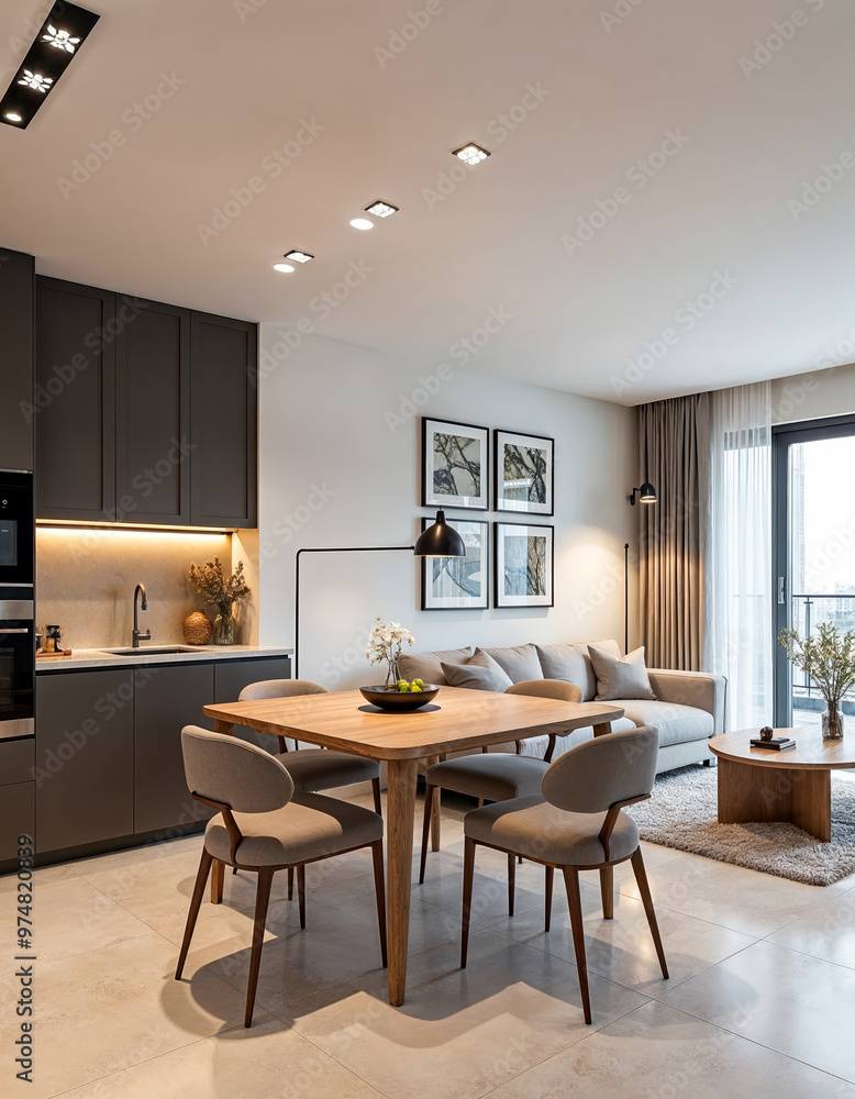 Fototapeta premium Modern apartment interior design dining and living room with open kitchen