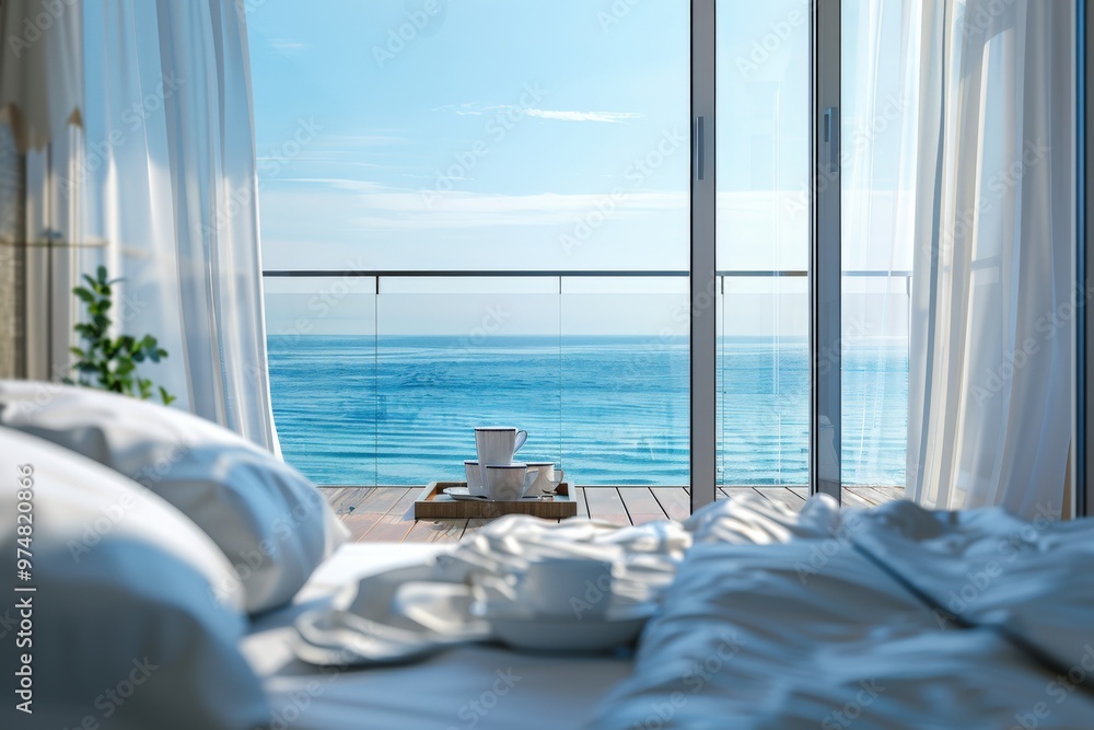 Fototapeta premium A bedroom with a view of the ocean, generative ai image