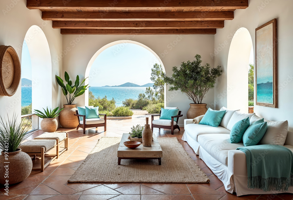 Fototapeta premium Luxury coastal living room interior with ocean view terrace furniture home decor and white sofa