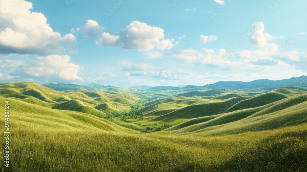 Rolling Green Hills Under a Blue Sky with Fluffy Clouds Rolling Green Hills Under a Blue Sky with Fluffy Clouds