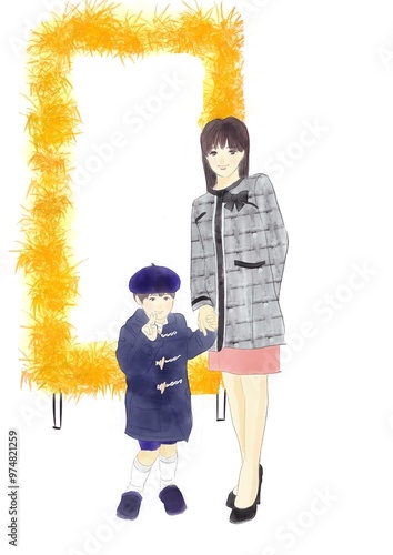 スーツ姿の母親とダッフルコートを着た男の子のイラスト