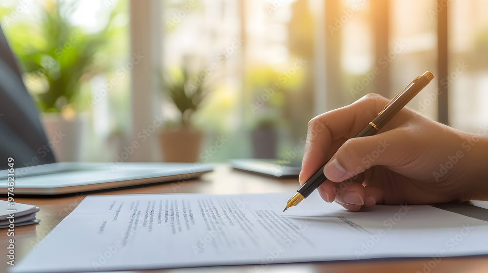 A close up of businesspersons hand holding pen, writing on document in bright office setting. warm sunlight creates positive and focused atmosphere A close up of businesspersons hand holding pen, writing on document in bright office setting. warm sunlight creates positive and focused atmosphere