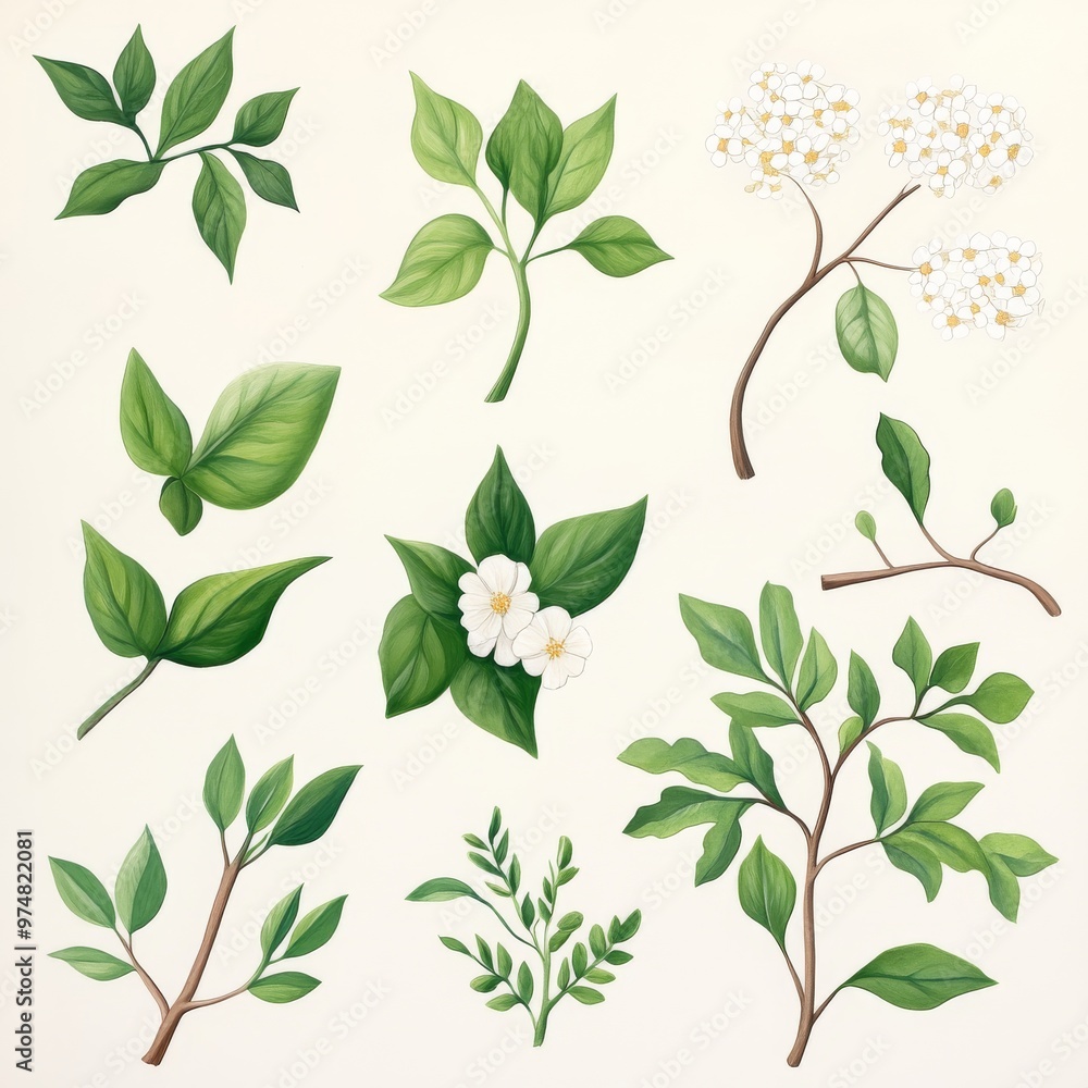 A vibrant collection of botanical illustrations featuring various leaves and twigs in lush green tones. A vibrant collection of botanical illustrations featuring various leaves and twigs in lush green tones.