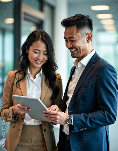 Happy Business People Using Digital Tablet Technology Corporate Office Collaboration Teamwork Concept