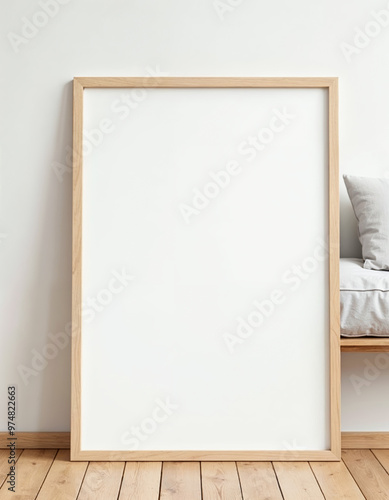 Blank wooden picture frame mockup on white wall in minimalist living room interior with bench and wooden floor