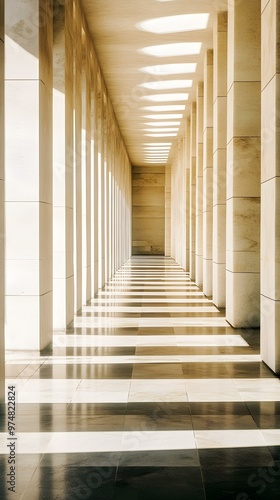 Long White Corridor with Columns and Sunbeams