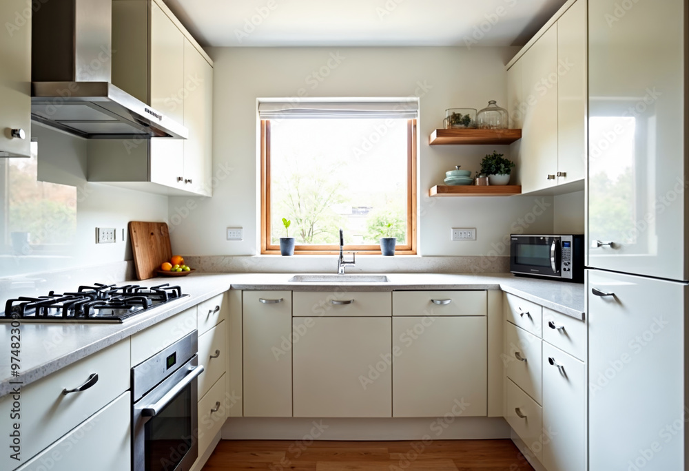 Fototapeta premium Modern white kitchen interior design with appliances and large window